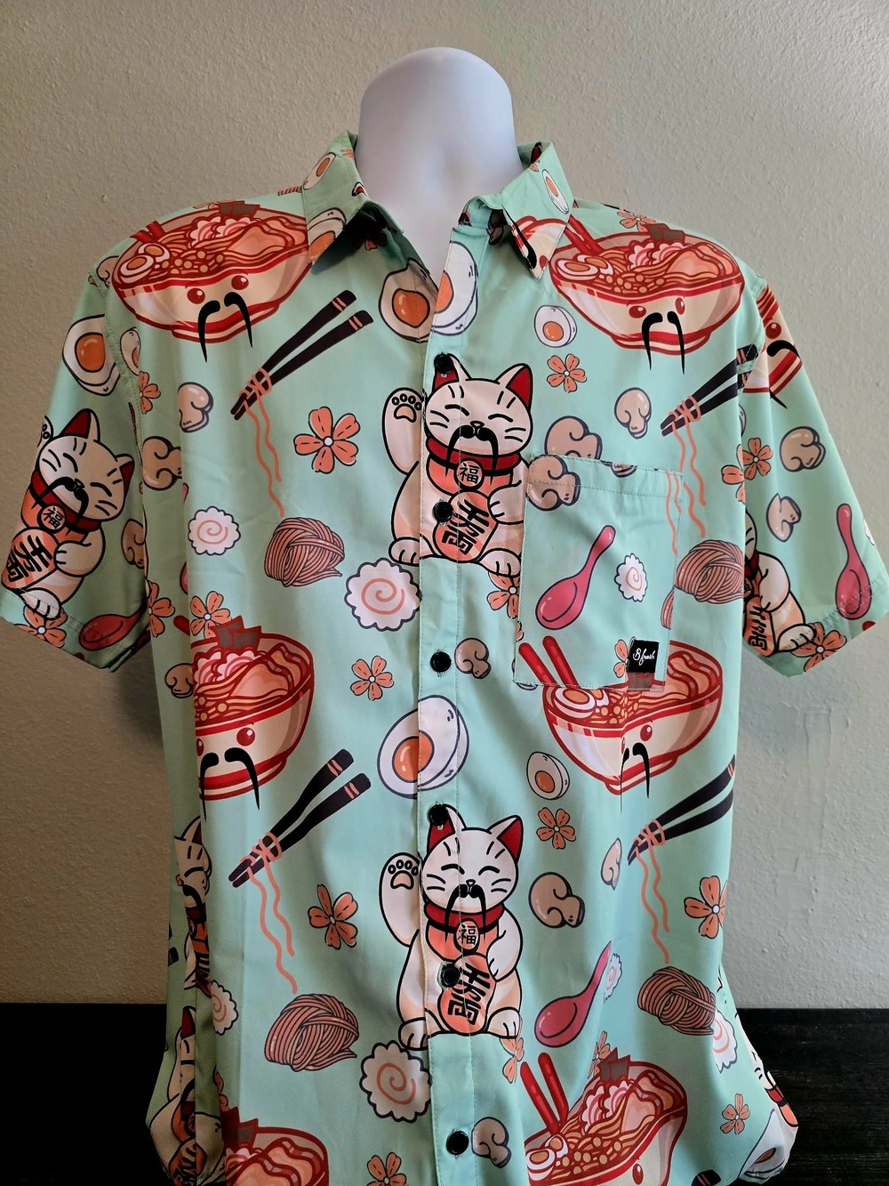 B Fresh Gear Mint Green Ramen & Lucky Cat Button-Down Shirt